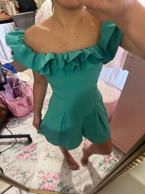 Teal Off-Shoulder Ruffle Romper